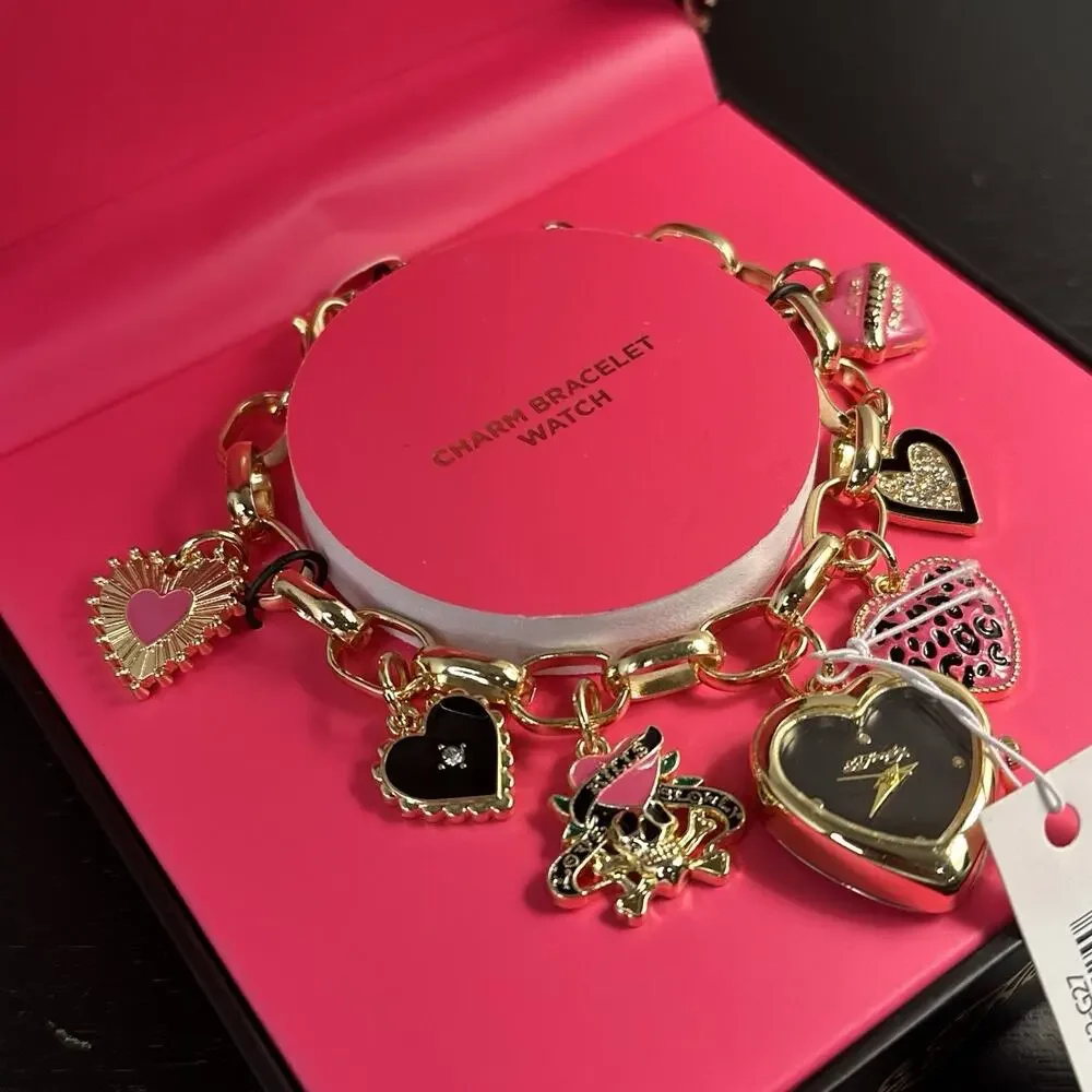 Ed Hardy NIB Gold Heart Charm Watch Bracelet Jewelry Y2K 2000s Style